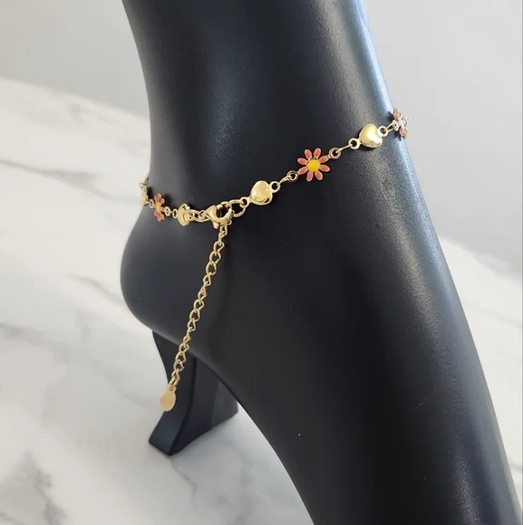 Gold Plated Heart and Enamel Daisy Charm Anklet - Picture 9 of 11